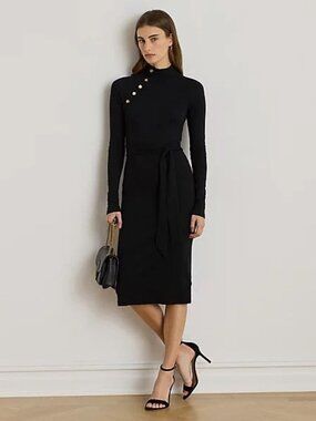$160 Lauren Ralph Lauren Button-Trim Rib-Knit Mock Neck Dress Black Size XXL